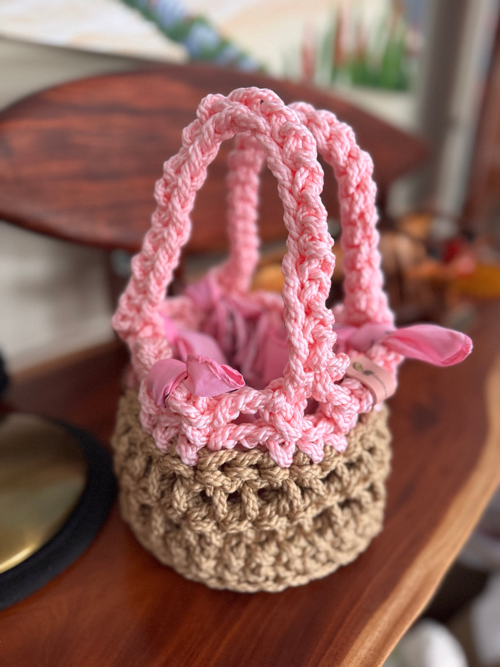 Pink & tan basket bag